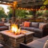 Outdoor living area with comfortable seating and a fire pit