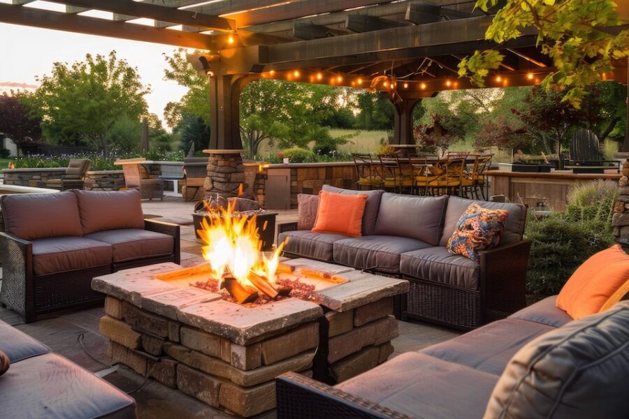 Outdoor living area with comfortable seating and a fire pit