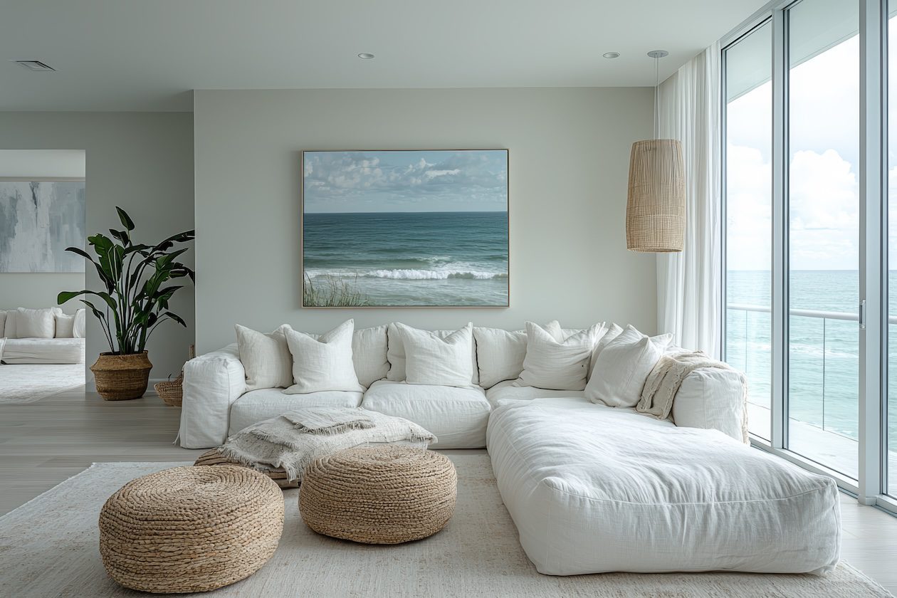 Modern coastal living room with white sectional, natural textures, and floor-to-ceiling windows overlooking the ocean