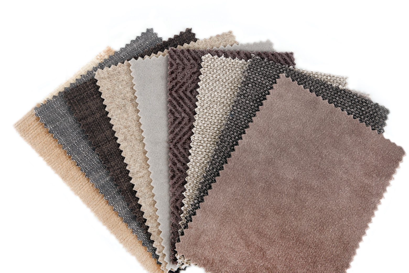 Collection of neutral-toned upholstery fabric swatches displaying various textures, weaves, and performance fabric finishes in shades of beige, gray, taupe, and brown.