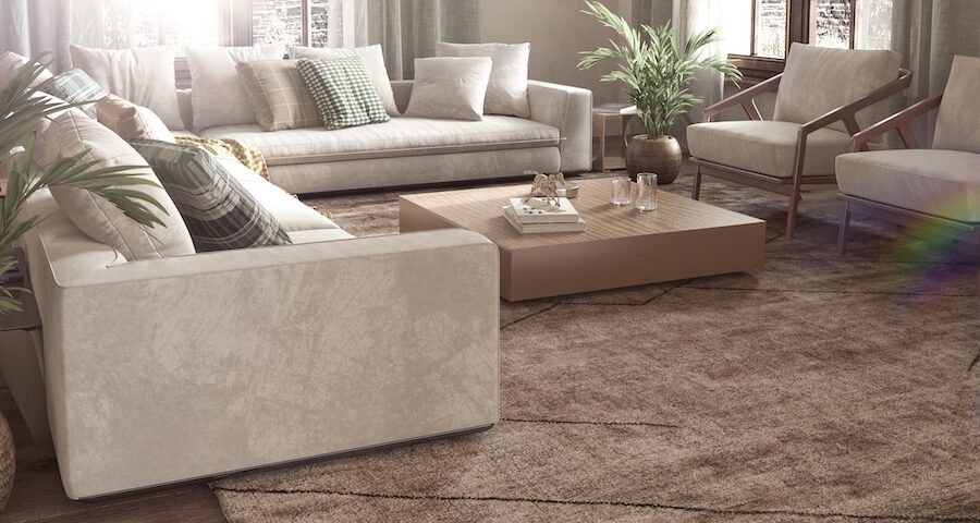 Bright coastal living room with neutral upholstered seating, natural textures