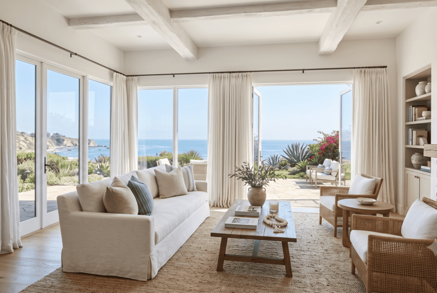 Custom drapery in a Rancho Santa Fe living room with large estate-scale windows, WRF Design Center