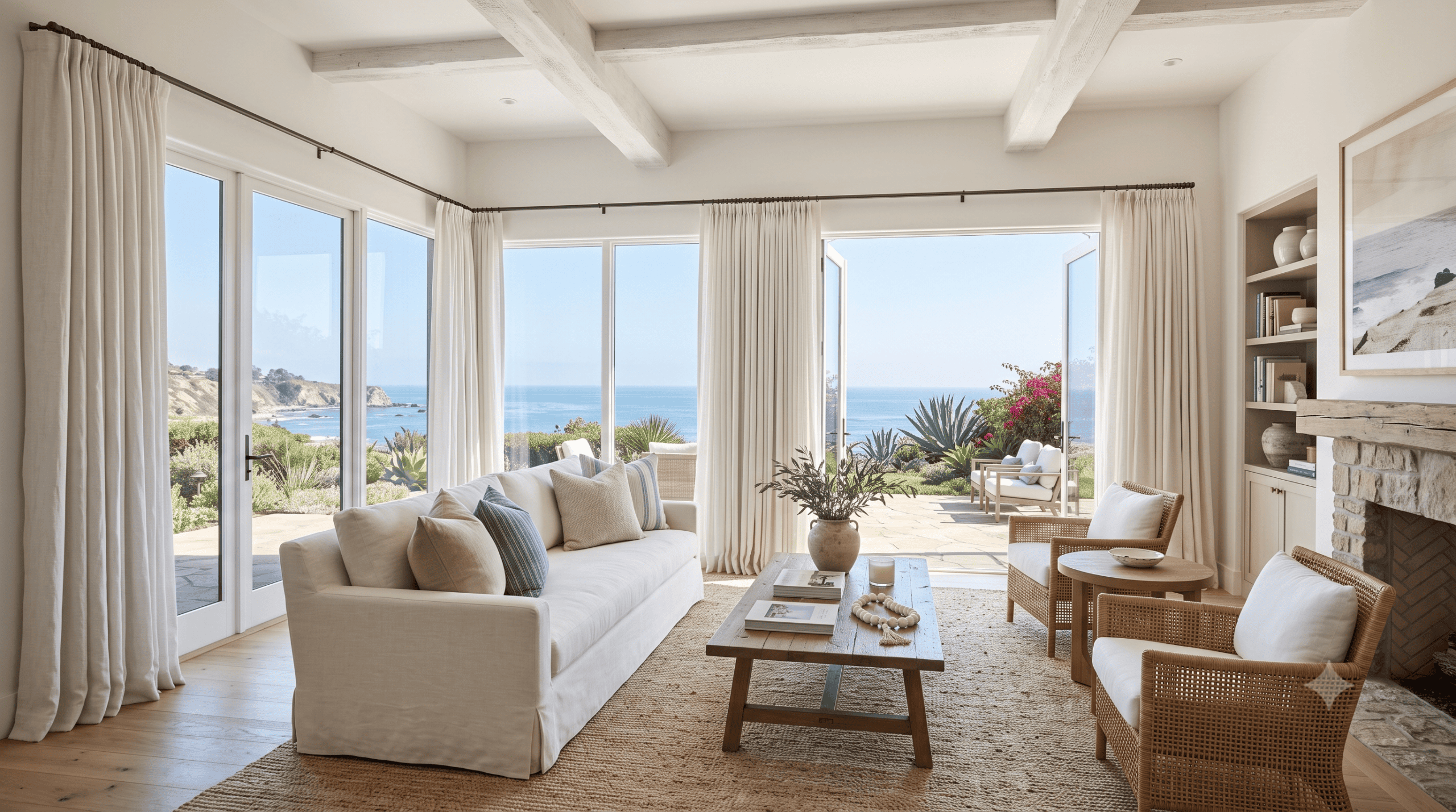 Custom drapery in a Rancho Santa Fe living room with large estate-scale windows, WRF Design Center