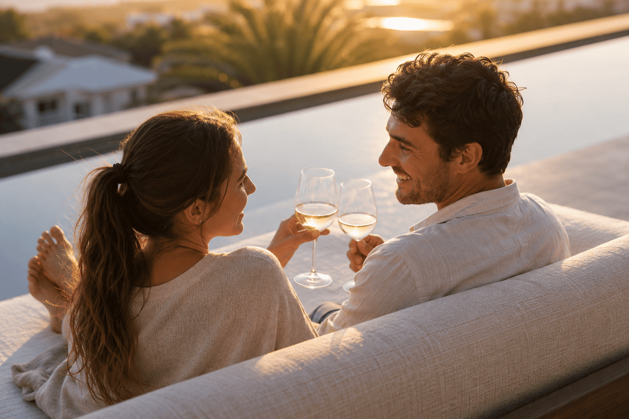 Couple relaxing on a modern outdoor sofa with custom patio cushions, enjoying sunset views in a comfortable outdoor living space.