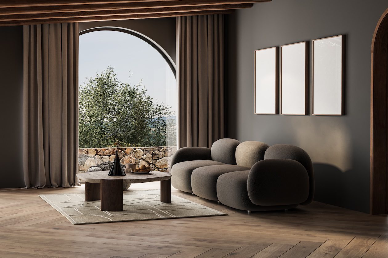 California casual living room with warm neutral furnishings, natural wood accents, textured décor, and minimalist Scandinavian-inspired styling