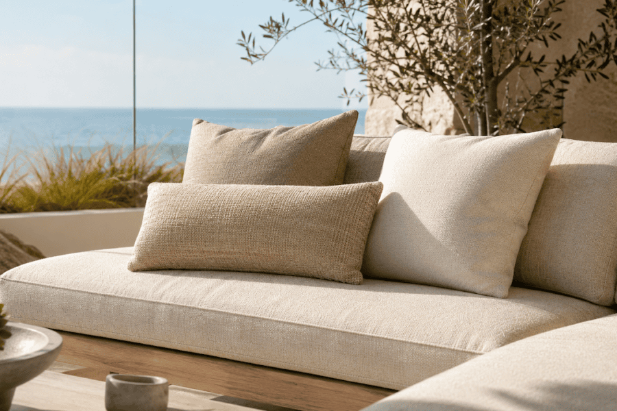 Sunlit coastal patio furniture on balcony