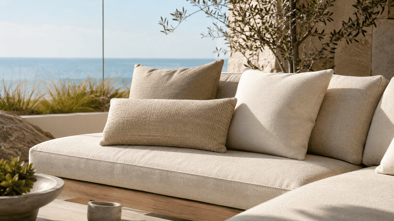 Sunlit coastal patio furniture on balcony