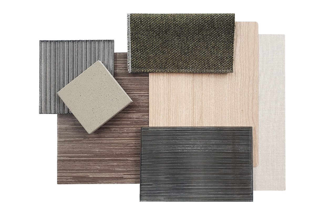 Interior material board with oak and walnut wood samples, beige stone, green linen, gray fabric, and textured glass.