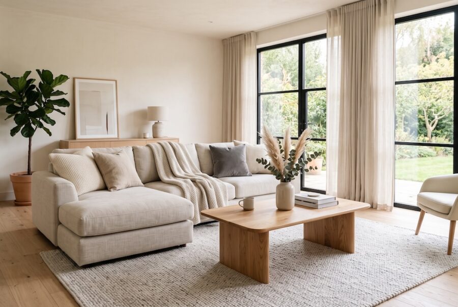 California casual living room with warm wood furniture, neutral upholstery, woven textures, and large windows overlooking greenery.