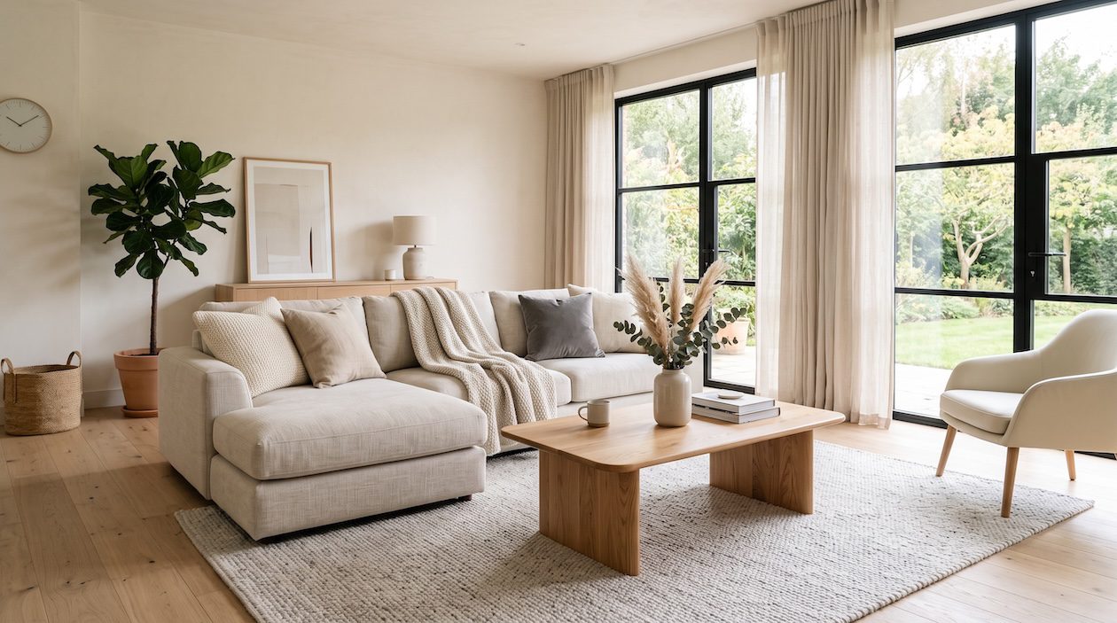California casual living room with warm wood furniture, neutral upholstery, woven textures, and large windows overlooking greenery.