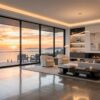 Modern coastal living room with custom furniture and panoramic ocean views through floor-to-ceiling windows.