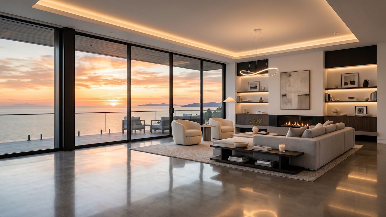 Modern coastal living room with custom furniture and panoramic ocean views through floor-to-ceiling windows.
