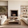 Modern California living room with warm, earthy tones and layered neutral furnishings.