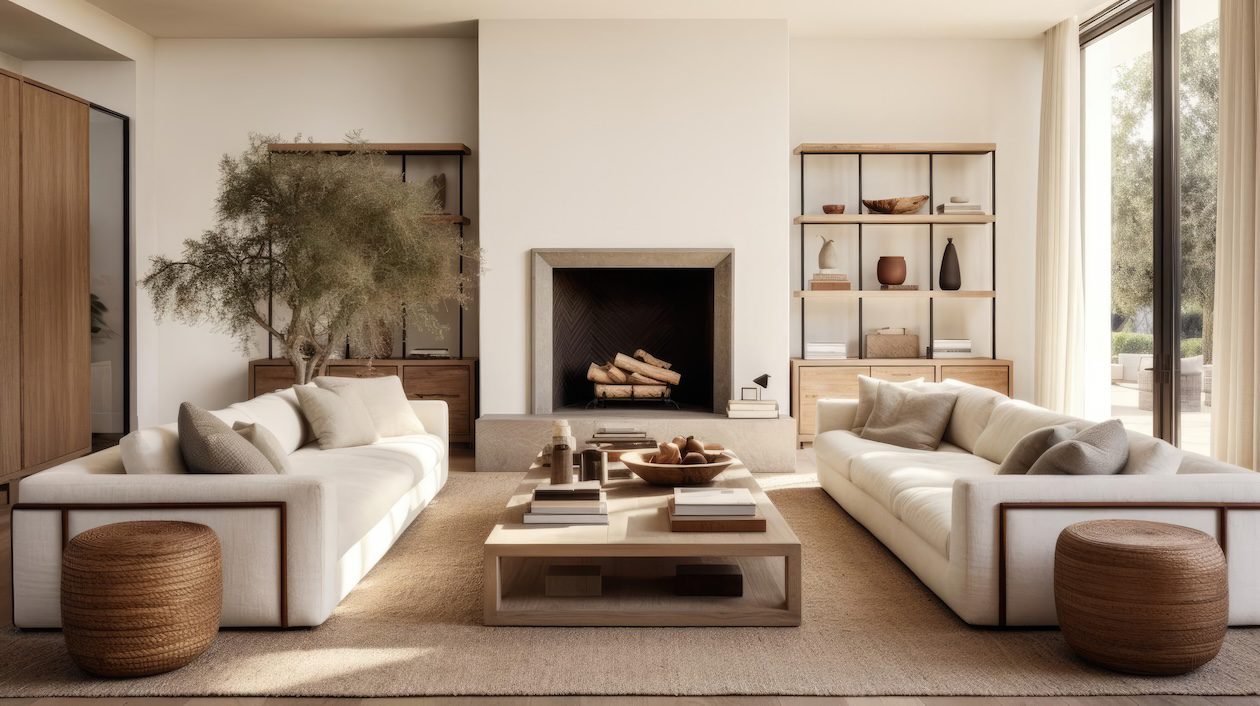 Modern California living room with warm, earthy tones and layered neutral furnishings.