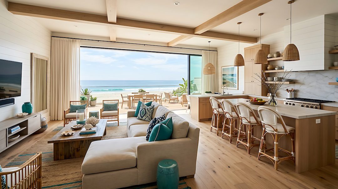 Modern coastal living room and kitchen with large glass doors overlooking a calm ocean view.