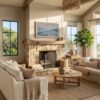 Sunlit coastal living room with a large stone fireplace, expansive windows, and ocean views.