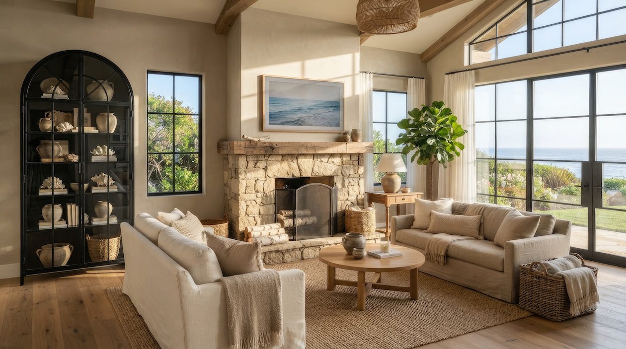 Sunlit coastal living room with a large stone fireplace, expansive windows, and ocean views.
