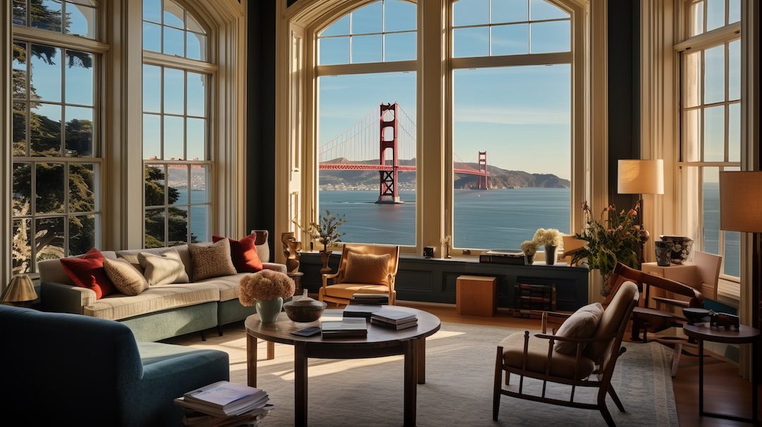 Large California living room with multiple seating areas and floor-to-ceiling windows overlooking the Golden Gate Bridge.